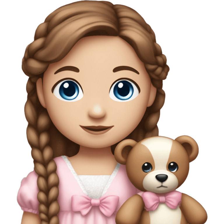 Little Girl with White skin, blue eyes. Long brown hair with two braids and two pink bows in it. She is wearing a pink and White dress, standing and holding on to a teddybear. emoji