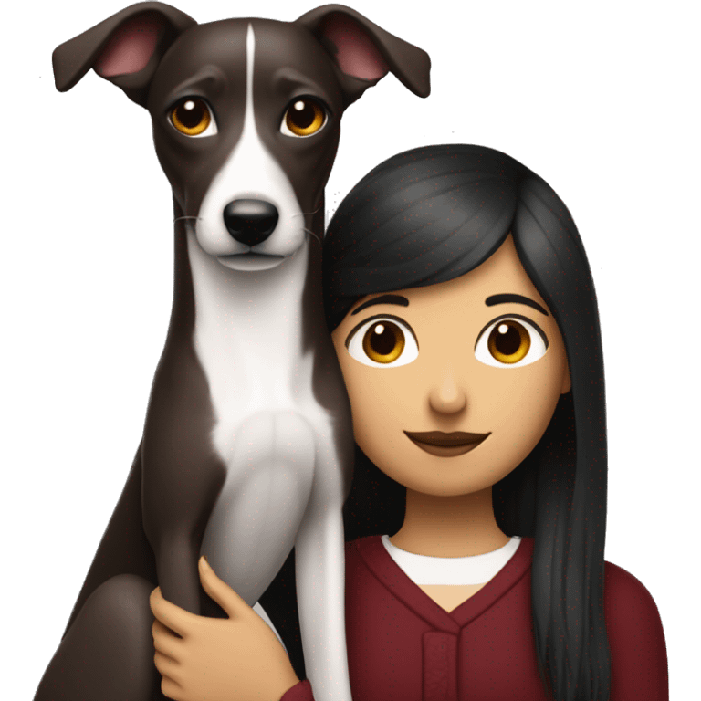 A girl with the hair red-wine coloured hugging a black and whippet emoji