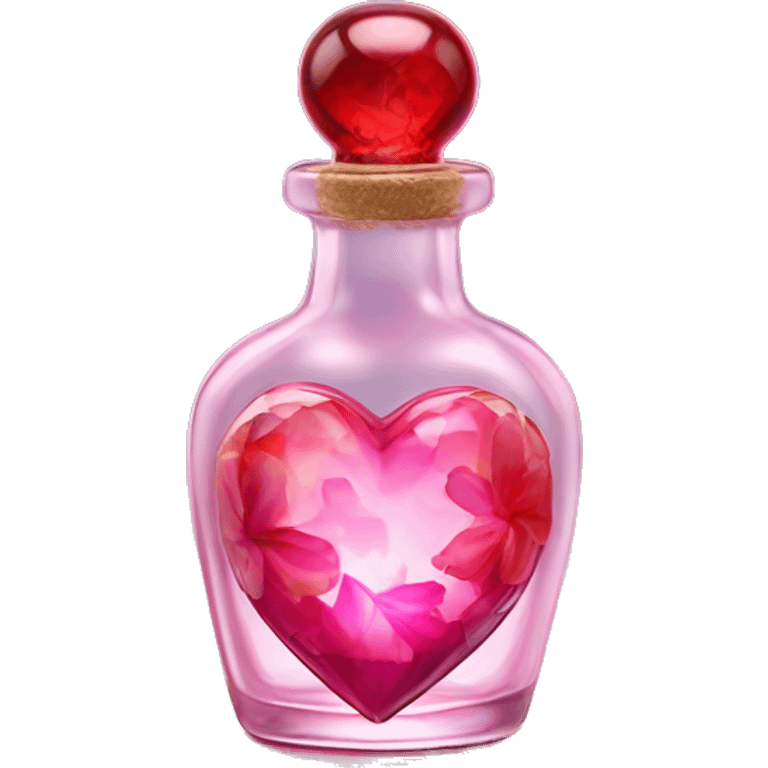 Antique oil heart bottle made of crystal glass of all gentle colors of the red and pink, a living flower fairy sits at the bottom of the bottle emoji