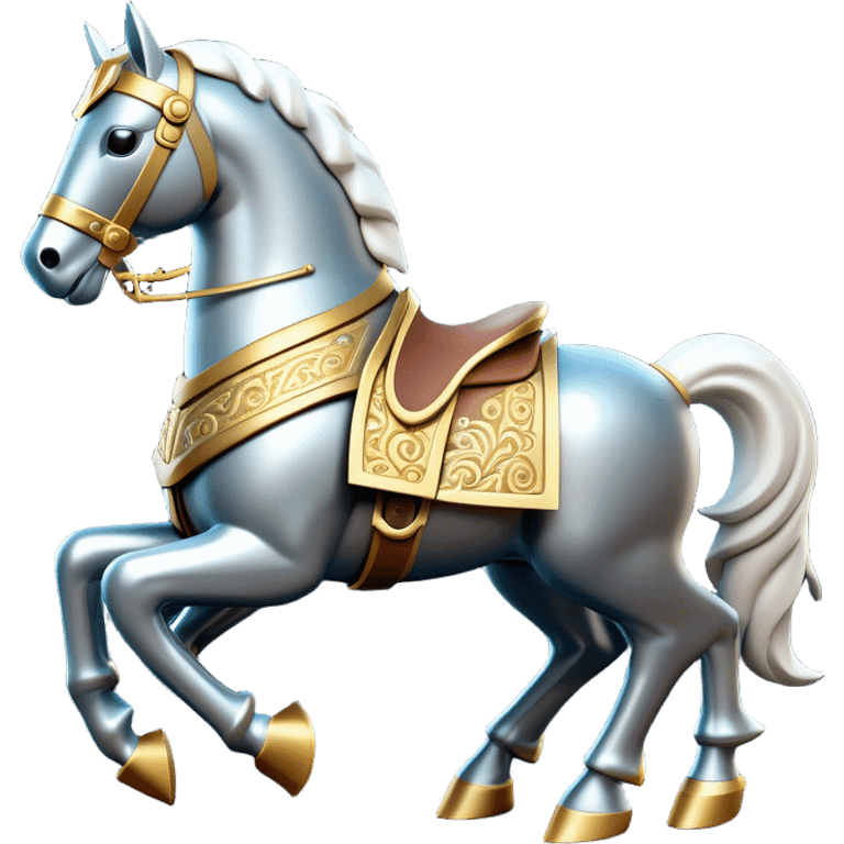 Clash of Clans aesthetic: Cinematic Playful Armored Horse Emoji, rendered in a 3D vector-style similar to standard emojis with minimal shading and bold, simplified shapes. A compact, isometric warhorse outfitted in intricately detailed armor with noble accents, softly glowing with a gallant medieval carriage charm. Simplified yet unmistakably iconic, highly detailed and consistent, glowing with a soft radiant shine and high polish. Stylized with a touch of heroic elegance and a soft glowing outline, capturing the essence of a noble steed ready for battle with a friendly, playful air! emoji