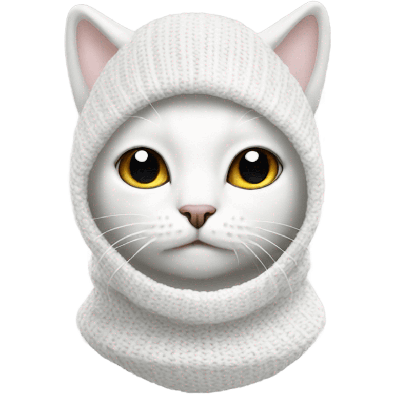 A white cat in a knitted white balaclava emoji