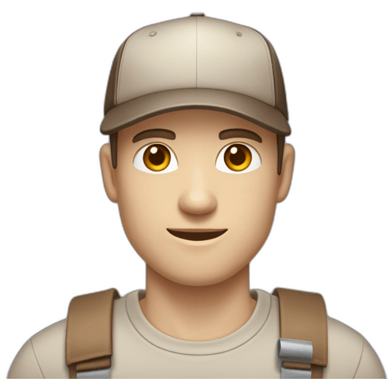 Pale skinned fit Man with dark brown hair in a beige cap, gray jeans and brown polo T-shirt keeping a pasted with tape white box into his hands emoji