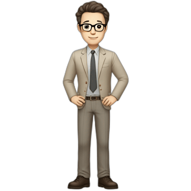 Full height Pale skinned fit man with dark brown hair in gray jacket, beige office shirt, brown tie, brown pants and vintage glasses. His right hand stretched out emoji