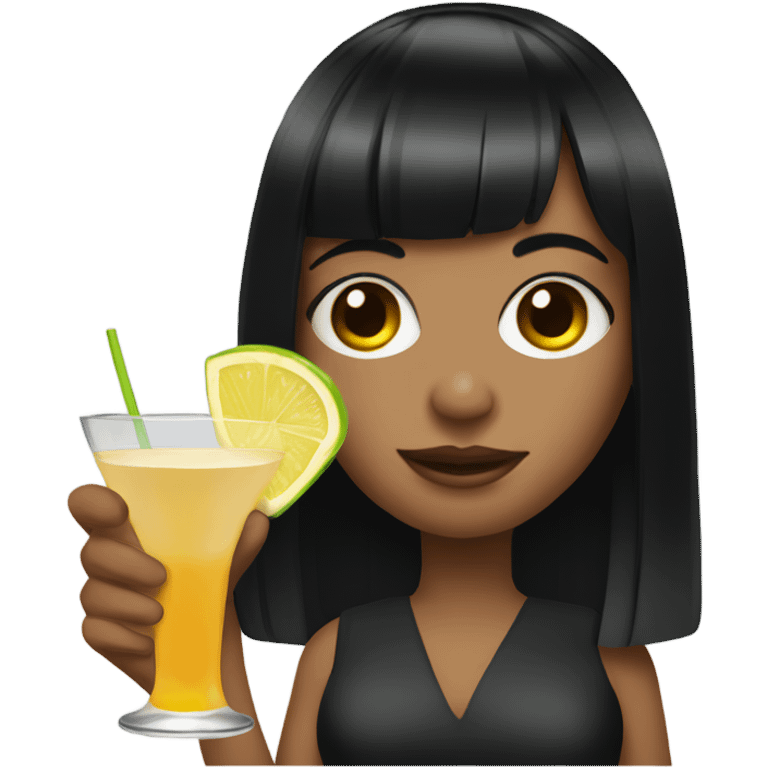 Girl with black hair and bangs holding martini emoji