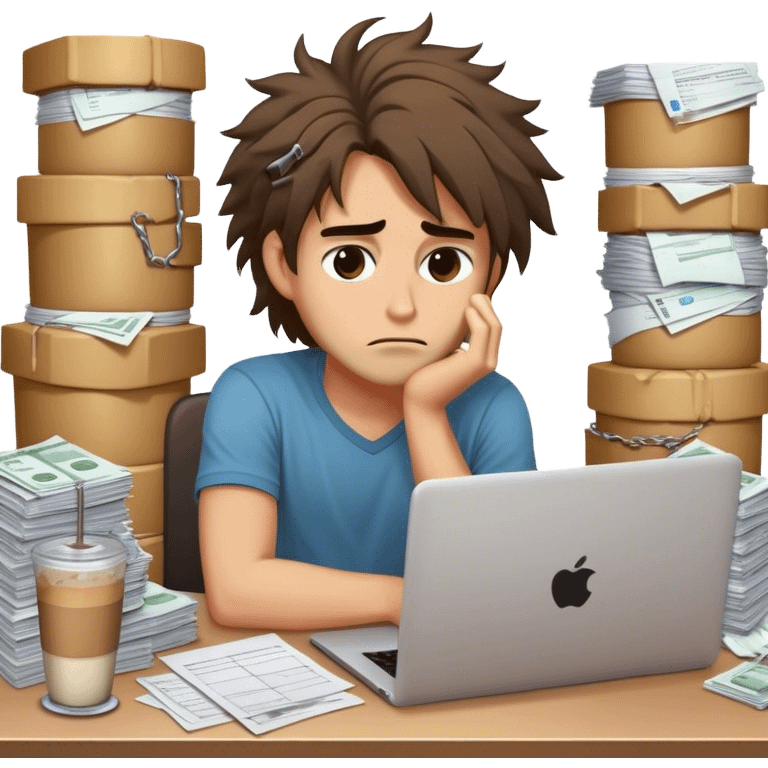 Create an emoji of an exhausted entrepreneur chained to their laptop, with stacks of invoices around them. They have tired eyes, messy hair, and a cold coffee next to them, symbolizing endless work without real progress. emoji