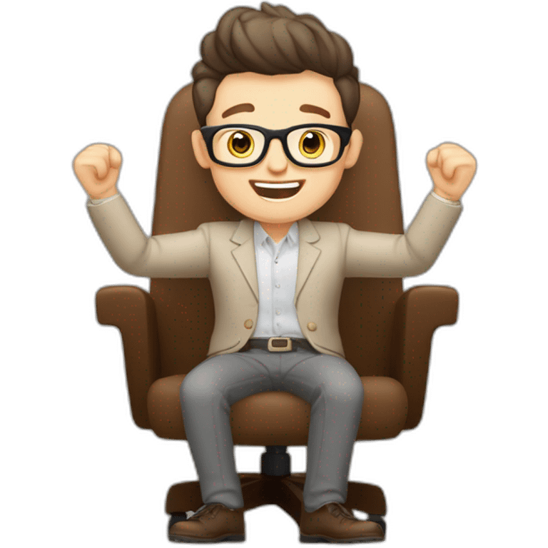 Joyful Celebrating victory Hands up Pale skinned Fit Man With dark brown hair in gray jacket, beige office shirt, Brown pants and vintage glasses sitting In a soft chair emoji