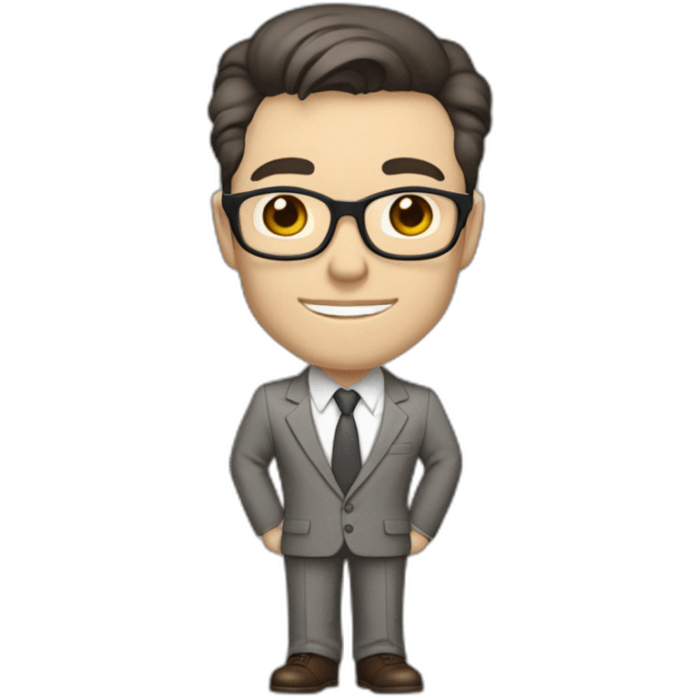 Full height Pale skinned Fit Man With dark brown hair in classic gray suit, beige office shirt, dark gray tie, and vintage glasses. His right hand is directed up emoji