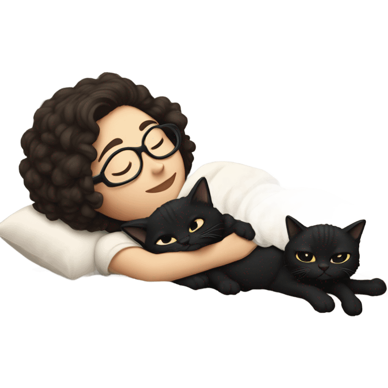 Pale white young woman with short dark curly hair with glasses cuddling, sleeping in bed with black cat emoji