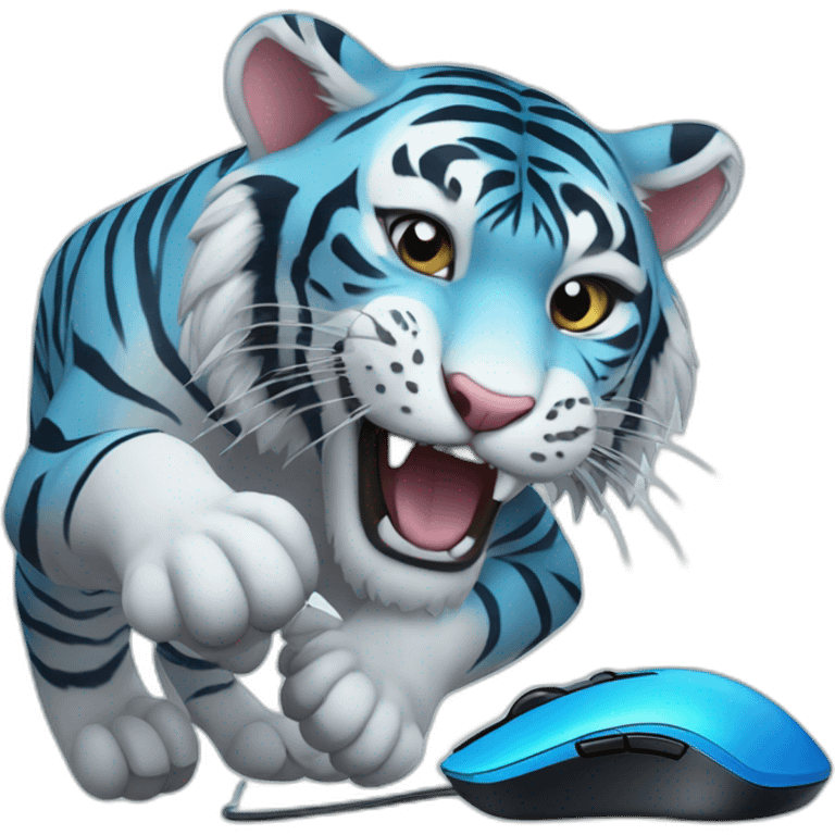 A blue tiger playing with a gaming mouse emoji