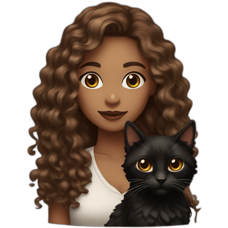 woman light brown skin long dark curly hair with black cat emoji