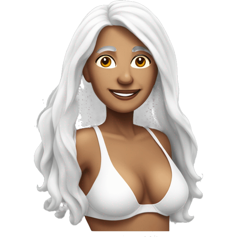 An attractive senior woman Latina colored with long white hair and wearing a closed swimming bikini  emoji