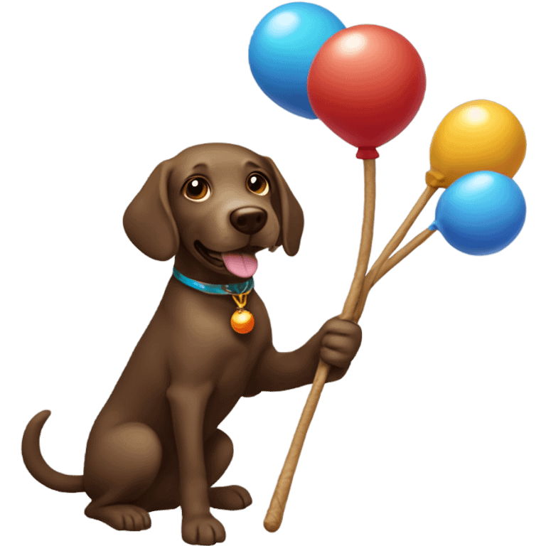 brown labrador with a clown afro riding a magic wand like a broom stick emoji