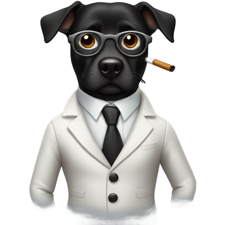 Black Dog wearing white blazer and glasses. He is smoking emoji