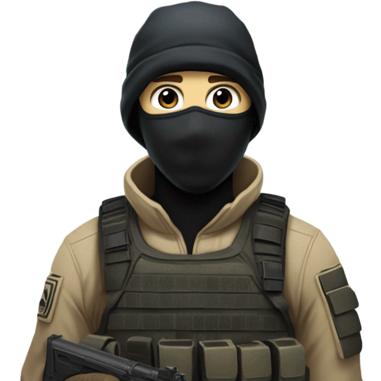 White male, call of duty black mask, camo tactical gear, tan combat boots, black beanie, blue eyes emoji