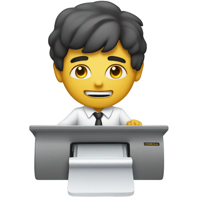 yellow skin man typing on white keyboard on desk wearing white button down shirt front view emoji