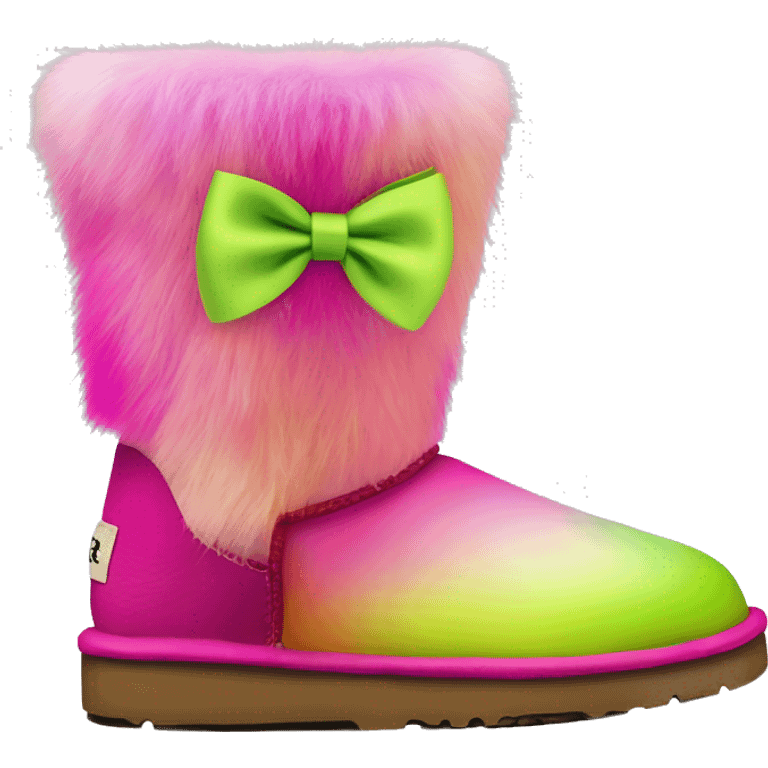 Realistic pair of hot pink to lime green ombre fur Ugg boots with silk ribbon bows. emoji