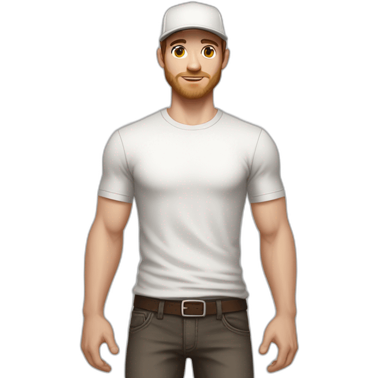 Pale skinned fit Man with dark brown hair in a light gray cap, dark brown jeans, brown polo and white T-shirt keeping a pasted with tape white box into his hands emoji