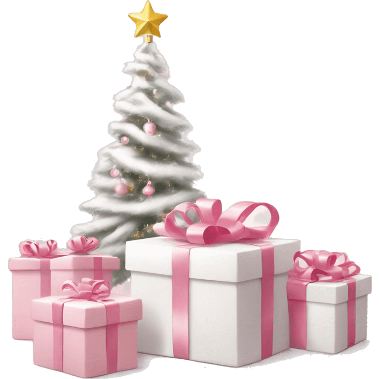 Light pink Christmas gifts under a white Christmas tree  emoji