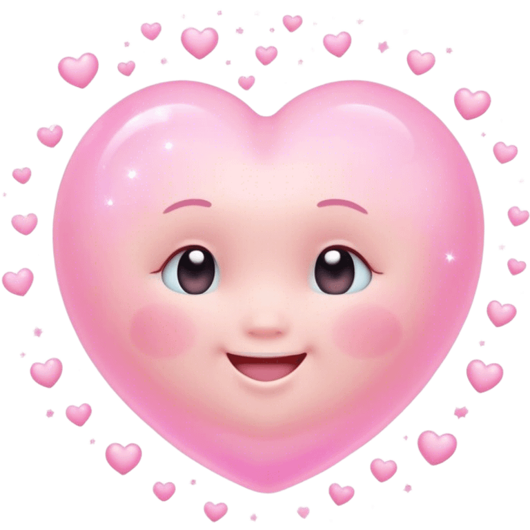 Cinematic floating soft heart, chubby round edges, pastel pink glow, tiny smiling face, surrounded by dreamy sparkles, gentle and loving. emoji