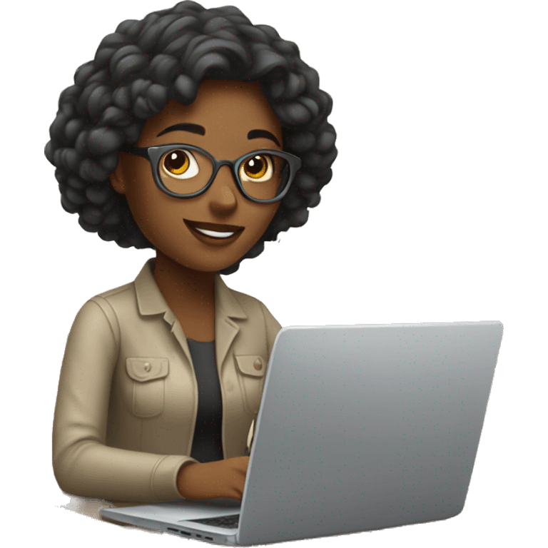 Relaxed young woman working remotely on a laptop. emoji