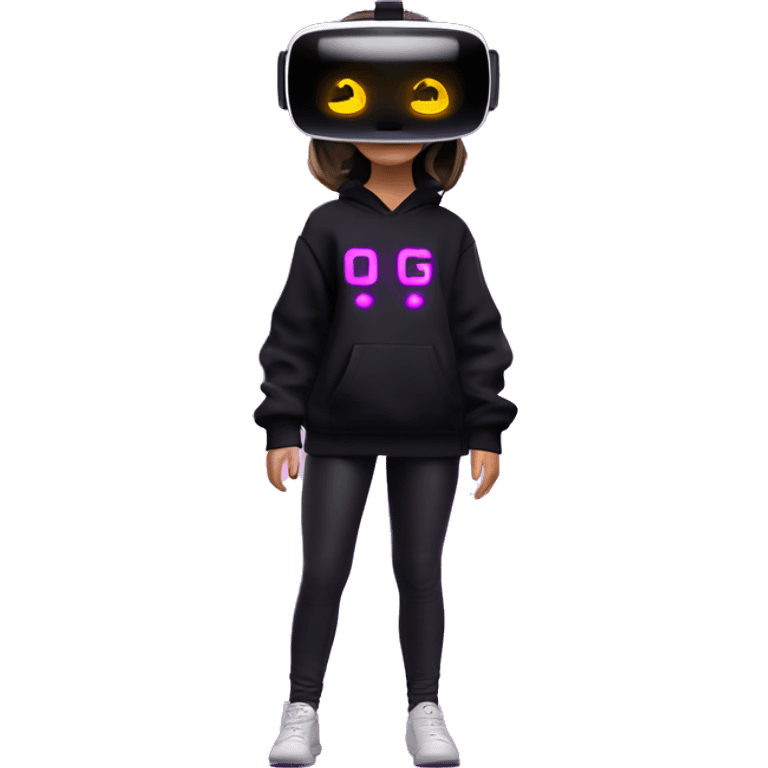 Russian girl wearing black hoody with violet letters "OMG", in vr headset oculus quest2. Standing like jedi. Cyberpunk style. Violet neon. emoji