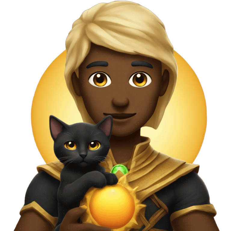 A sun warlock who has tan skin and is holding a black kitten emoji