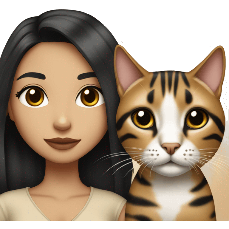 Girl with white skin, black eyes, shoulder length straight black hair, wears a beige blouse outfit, kissing a  bengal cat  emoji