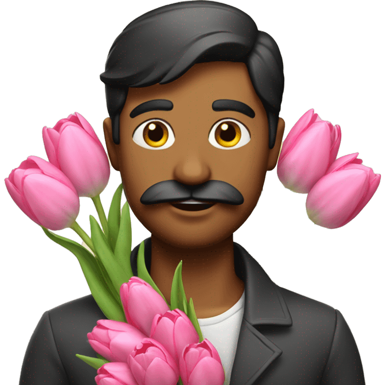 Indian man holding Bouquet of pink tulips with mustache and light scruff emoji