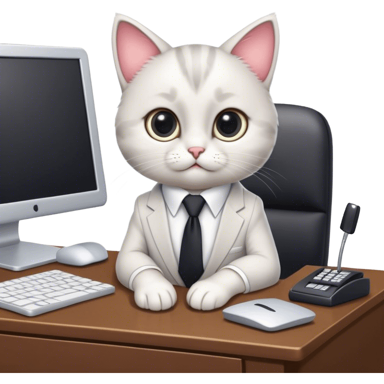 A cute cartoon cat with big, expressive eyes, wearing a tiny business suit and tie, sitting at a miniature desk with a computer, looking focused and adorable emoji