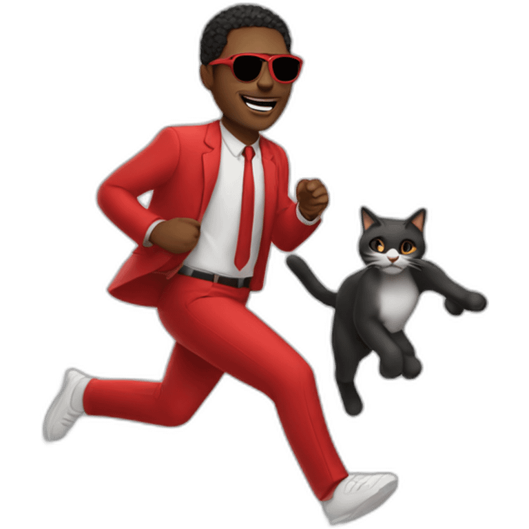 black man holding cat and running at the speed of light with red sunglasses on and a red suit emoji