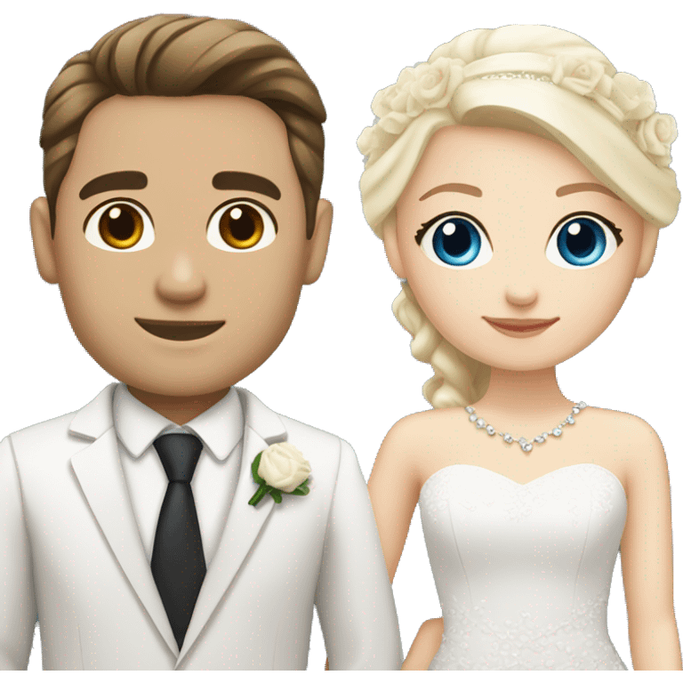 Wedding couple, groom fair skin with dark brown hair and dark brown eyes, bright with white skin blonde hair and blue eyes emoji