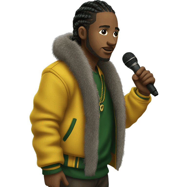 Side profile of a hip hop artist with braids. He has an arm extended down, holding a mic. He's wearing a very dark green jacket. The jacket has a furry yellow mustard collar.  emoji