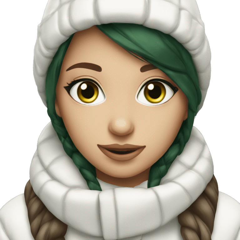 Brunette girl green eyes in white winter outfit emoji