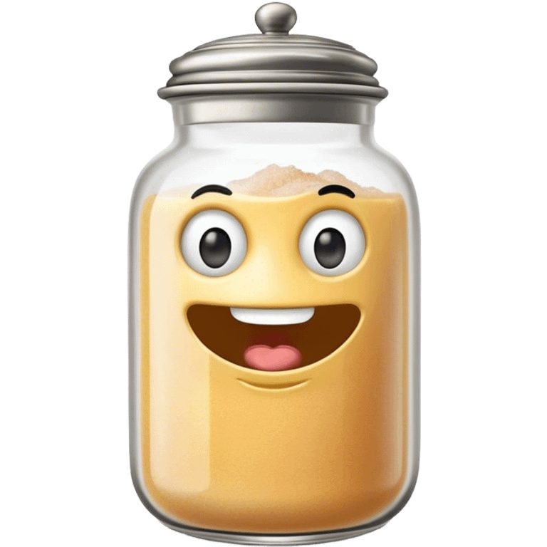 A mischievous anthropomorphic salt jar with transparent glass body and metal lid emoji