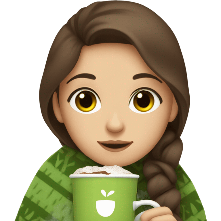 Brown hair Girl drinking chocolate, with a cozy blanket, green eyes emoji