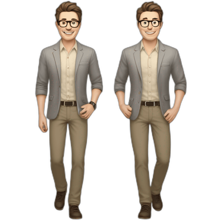 Joyful Full height Pale skinned Fit Man With dark brown hair in gray jacket, beige office shirt, Brown pants and vintage glasses. His thrumbs up emoji