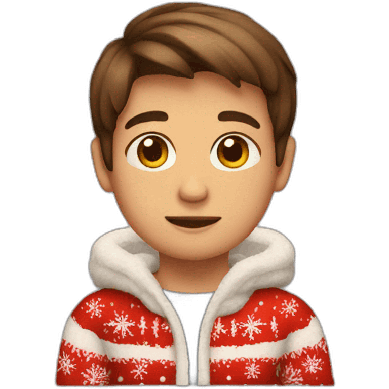 young boy brown hair sitting in christmas sweather emoji