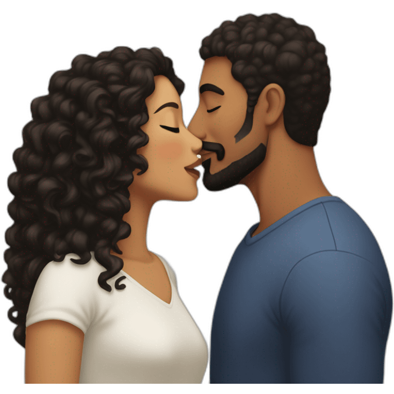 Brown man with a smooth black hair cut fade and a black beard kissing a White woman with long brown curly hair emoji