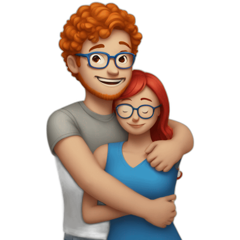 a boy and a curvy girl with red hair and blue glasses hugging emoji