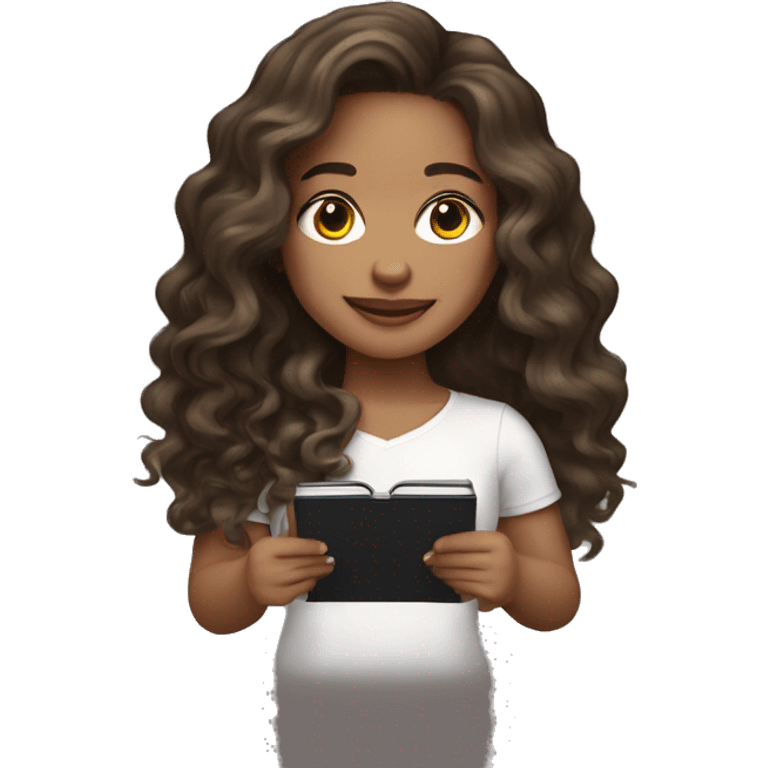 Light skin girl with long wavy brunette hair holding a kindle emoji