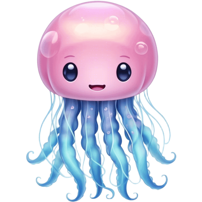 Cinematic floating kawaii jellyfish, tiny round body, soft glowing tentacles, pastel pink and blue hues, delicate sparkling highlights, dreamy and adorable. emoji