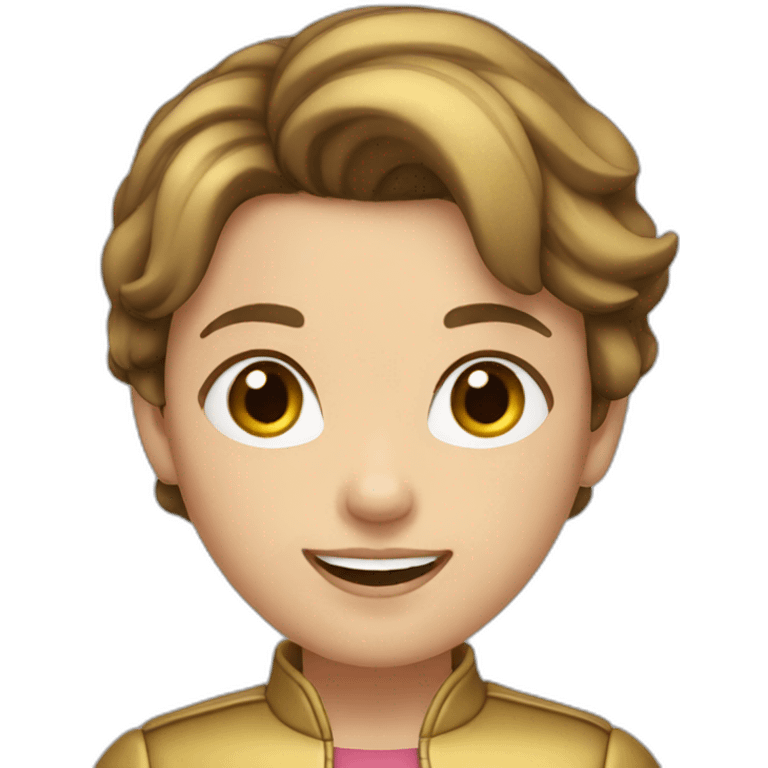 girl-short brown hair-gold jacket-smile-ear rings emoji