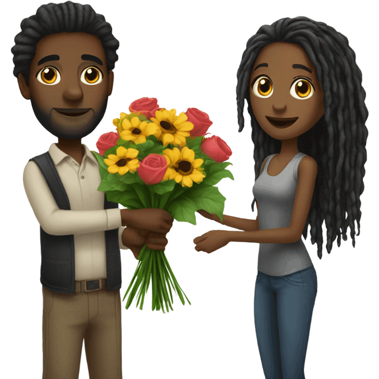 Black man giving black girl with long dreadlocks flowers  emoji