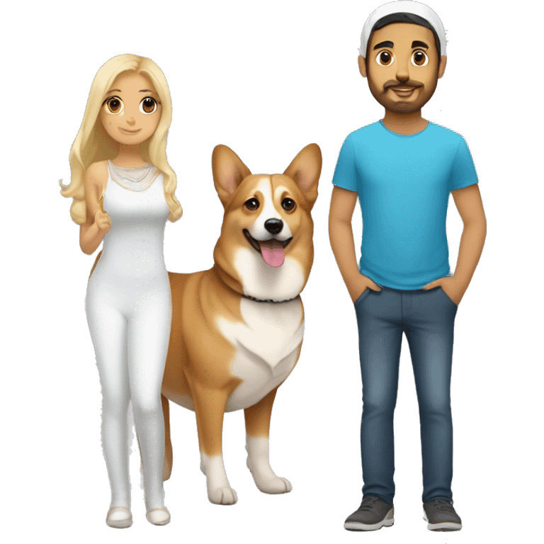 blonde girl, arab guy and corgi together emoji