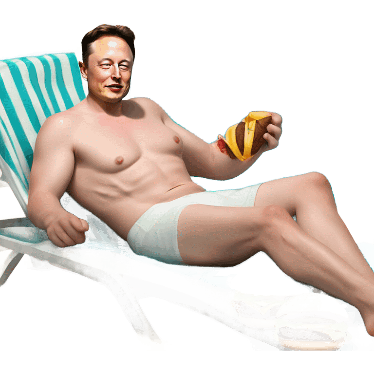 Photorealistic Elon Musk at the beach lounging by the pool suntanning eating 40 sloppy half eaten hamburgers emoji