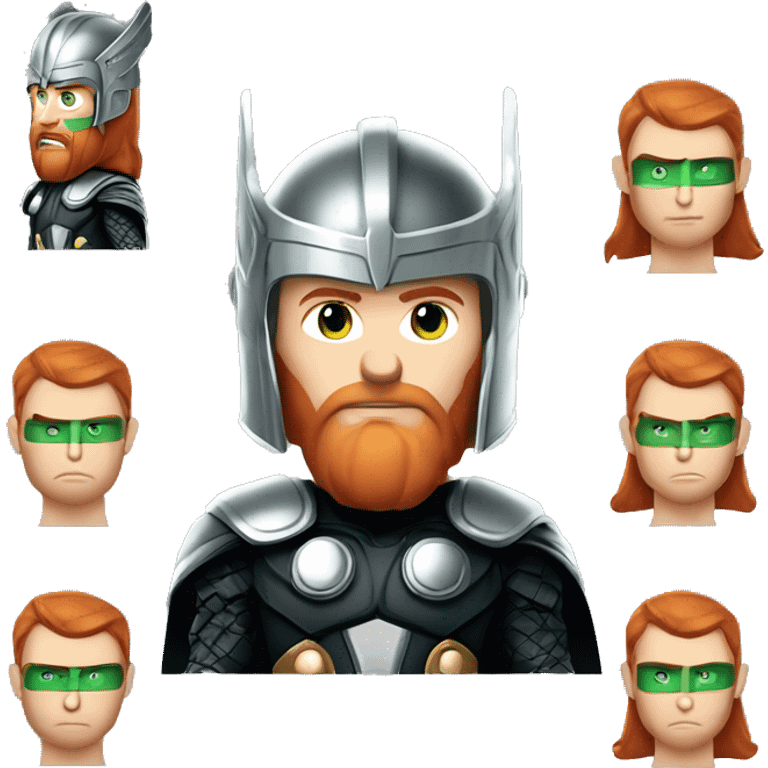 man with short red hair, trimmed beard, gray-green eyes, and wearing Thor's winged helmet. Serious expression, clean shapes, and smooth gradients. emoji