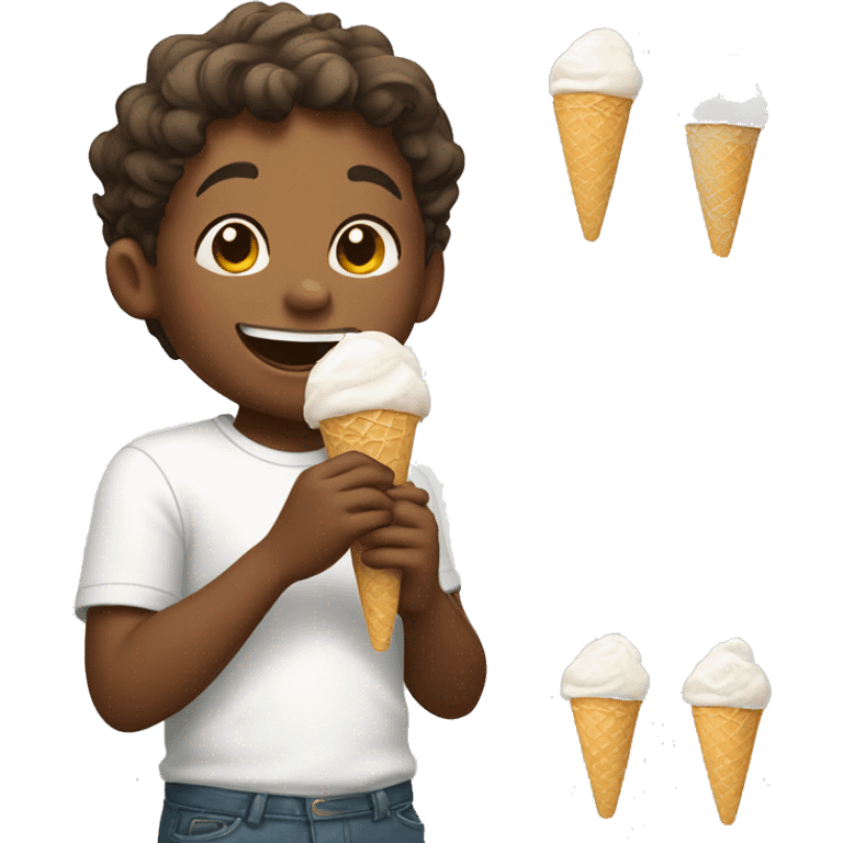 smiling boy in white shirt eating ice cream emoji