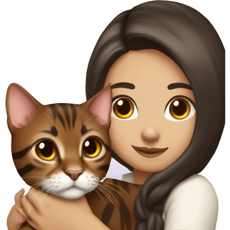 Beautiful woman long dark brown hair hug bengal cat emoji