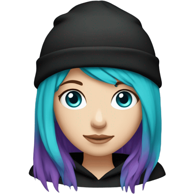 White girl, black hoodie, long teal and purple hair, black beanie hat, blue eyes emoji