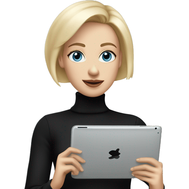 women with short blond hair, blue eyes wearing black turtleneck, holding and ipad emoji